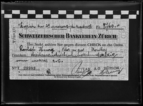 Affaire Rochat, Henri;Léoni, Giuseppe;Titan A.G. Zurich Chèque fr. 3760.- argué de faux (réproduction).