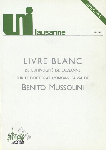 Livre blanc de l’Université de Lausanne sur le doctorat honoris causa de Benito Mussolini