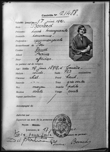 Passeport visé pour faux de Bovard, Lucie, du registre des passeports n° 21488 (Reproductions)