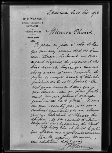 Lettre adressée à M. Ernest Chuard par le Dr P. Wanner 
Télégramme adressée à M. Chuard par Wanner