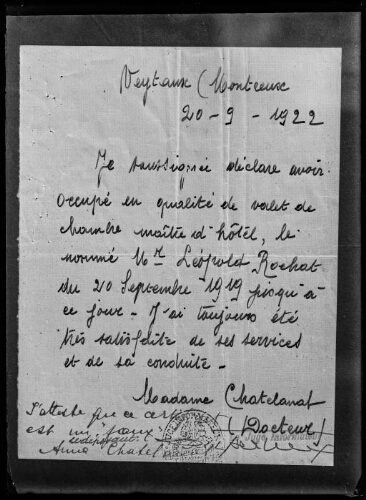 Faux certificat (Affaire Rochat Léopold), signé: Mme Chatelanat (Reproduction)